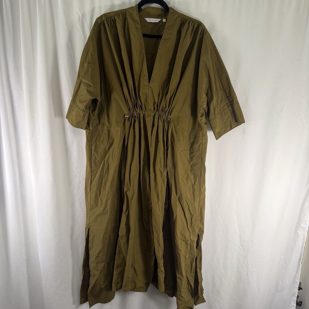 Carla Rockmore Dress Women's Large Green Midi Drawstring Vneck Pockets